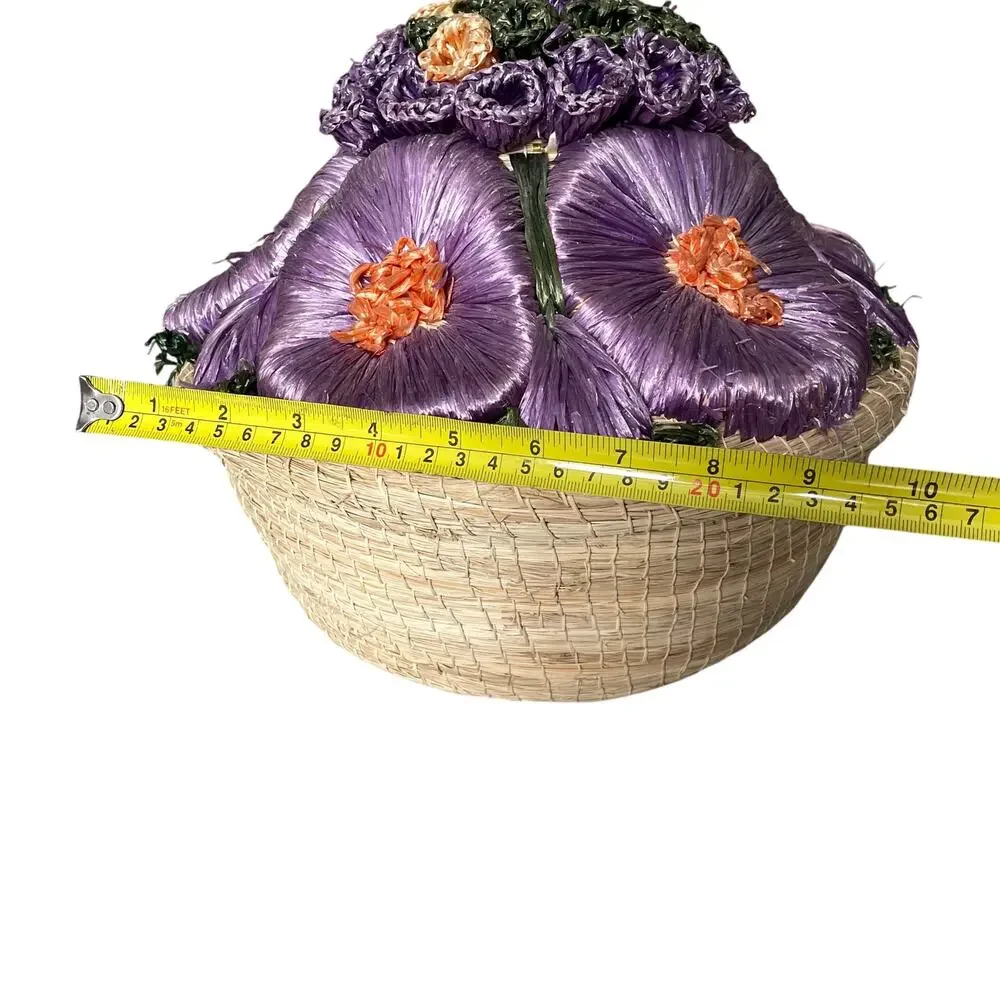 Vintage Straw Basket Raffia Flowers Covered Dome Lid Large Sewing Boho Grandma